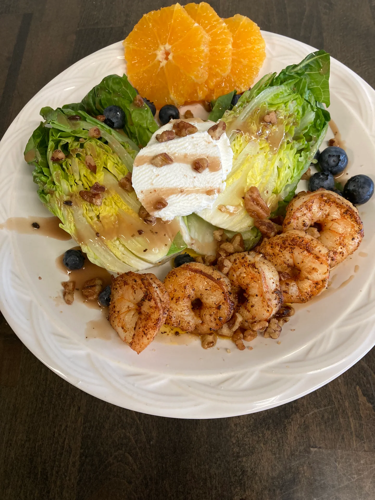 Blackened shrimp over grilled romaine