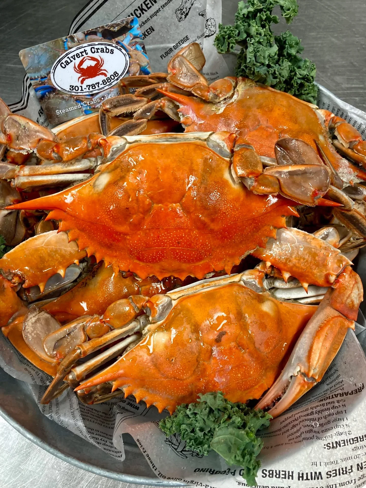 A tray of steamed Maryland blue crabs