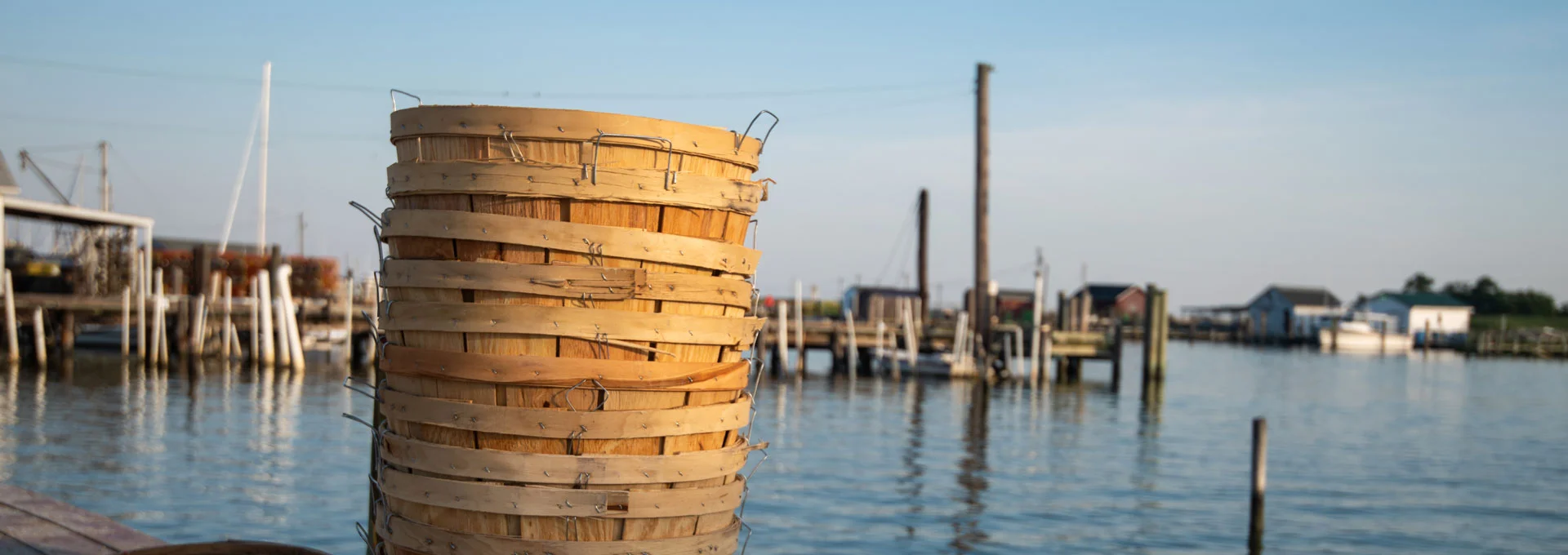 Stacked bushel baskets on a Chesapeake dock